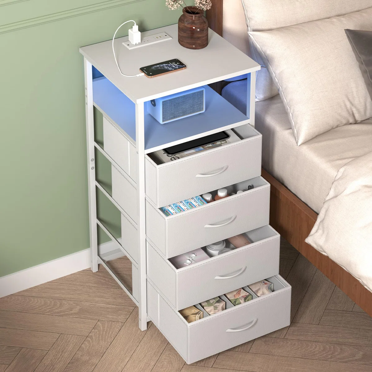 4-Drawer Nightstand with Charging Station & Adjustable Light, Side Table with Storage Shelf - Image 2