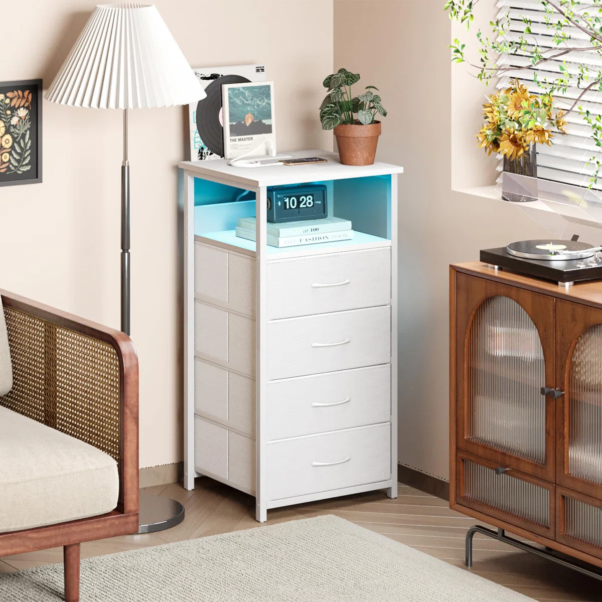 4-Drawer Nightstand with Charging Station & Adjustable Light, Side Table with Storage Shelf - Image 3