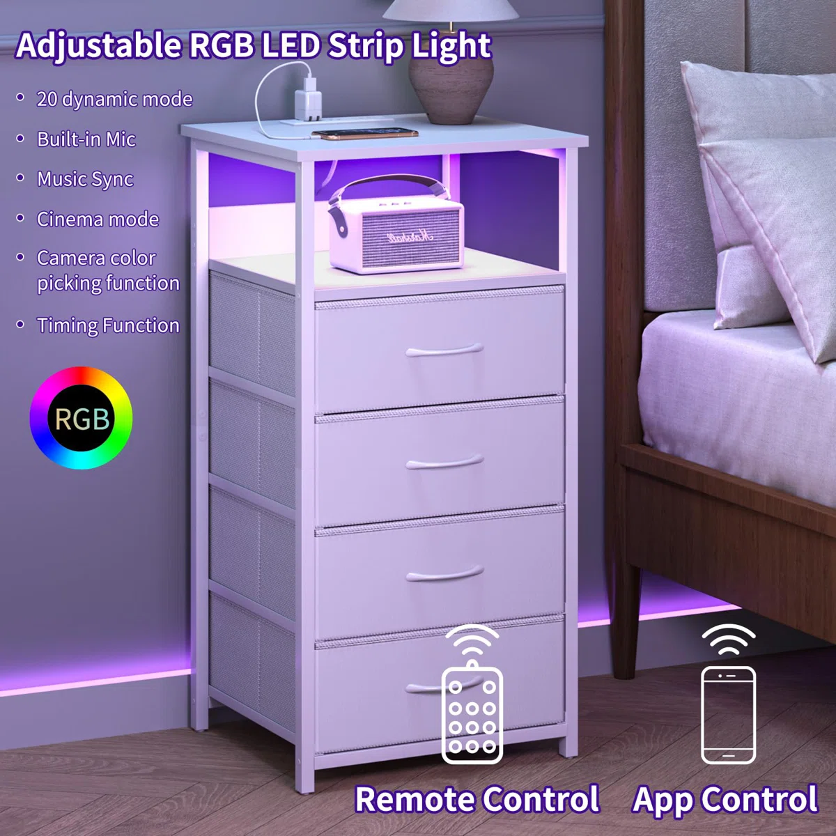 4-Drawer Nightstand with Charging Station & Adjustable Light, Side Table with Storage Shelf - Image 5