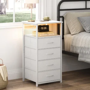 4-Drawer Nightstand with Charging Station & Adjustable Light, Side Table with Storage Shelf