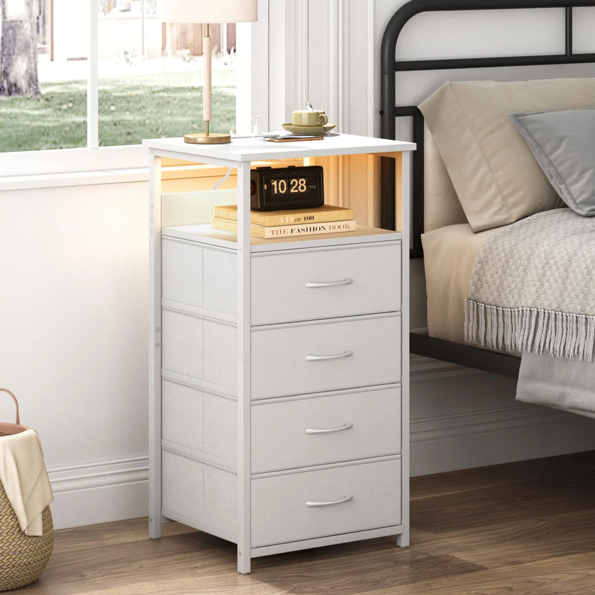 4-Drawer Nightstand with Charging Station & Adjustable Light, Side Table with Storage Shelf