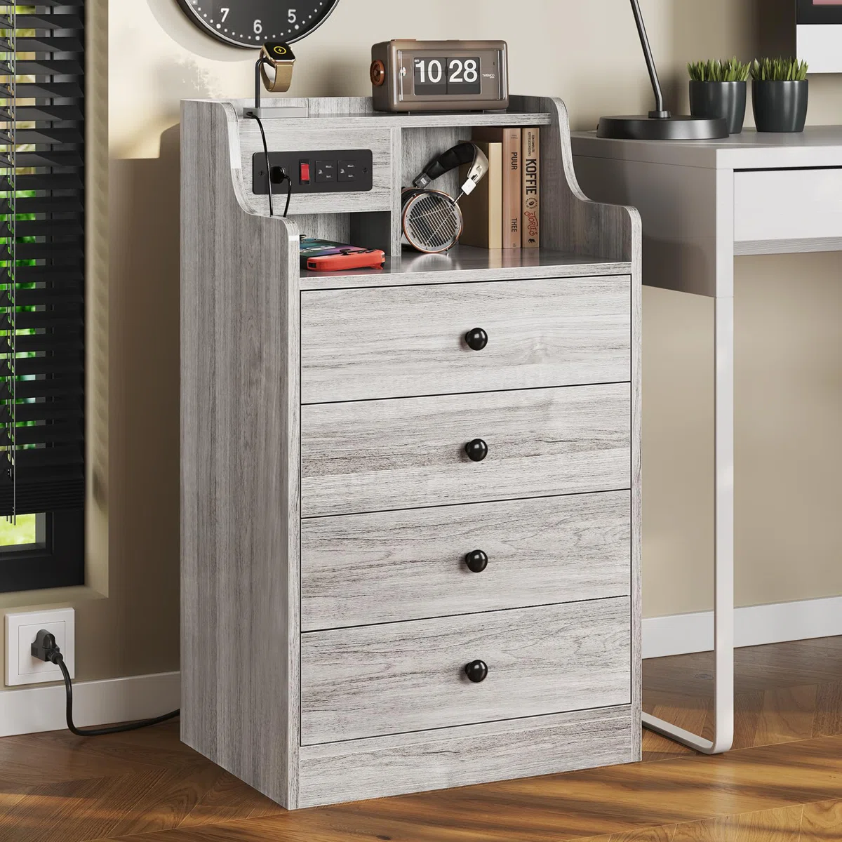 Nightstand With Charging Station, Night Stand For Bedroom,end Table With Hutch And 4 Drawers - Image 2
