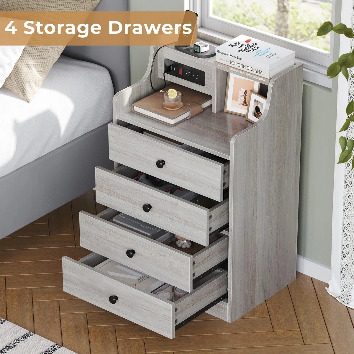 Nightstand With Charging Station, Night Stand For Bedroom,end Table With Hutch And 4 Drawers - Image 4