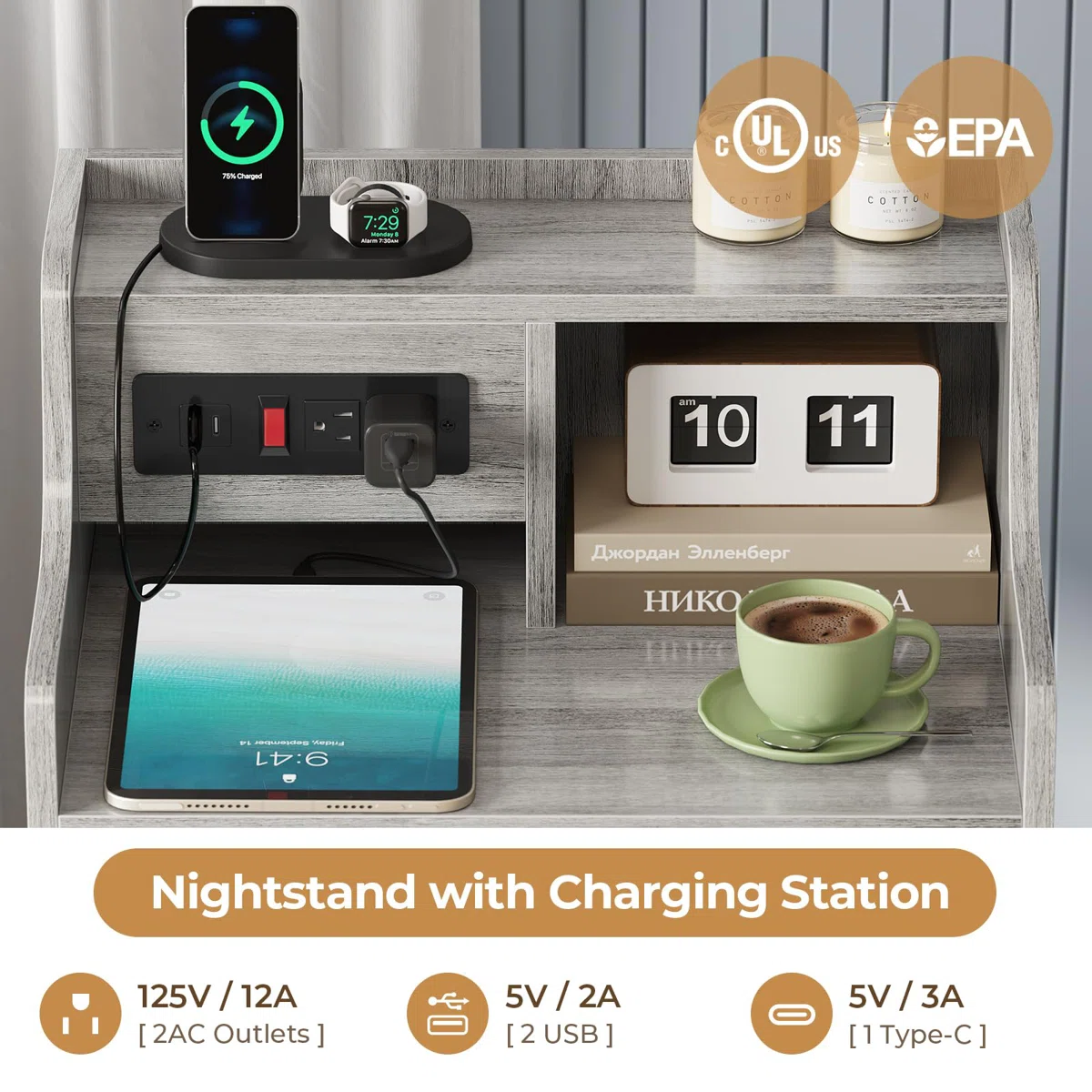 Nightstand With Charging Station, Night Stand For Bedroom,end Table With Hutch And 4 Drawers - Image 5