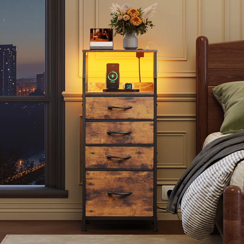 Travison 4-Drawer 37'' Tall Nightstand with Charging Station and LED Lights, Bedside Table with Built-in USB & AC Outlets, Modern Night Stand with Open Storage Shelves for Bedroom